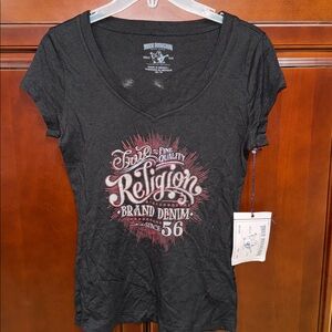 True Religion black Rhinestones Crystal Logo Vneck Tee Tshirt Rhinestones NWT XS
